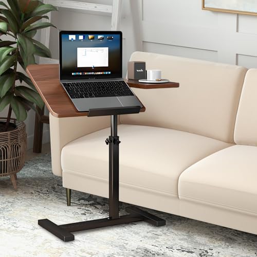 Height Adjustable Overbed Bedside Table with Wheels?Split Top Tilt Bedside Table, Mobile Laptop Computer Standing Desk Cart with Tray?Hospital/Home Use (Walnut)