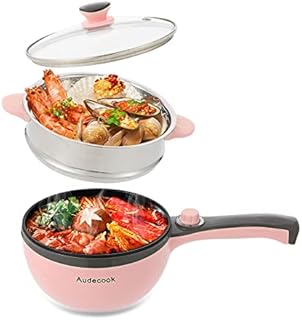 Audecook Electric Hot Pot with Steamer, Electric Frying Pan 20cm, 1.5L Non-Stick Mini Electric Skillet, Multi Cooker with Dual Power Control for Dorm, Travel, Home - Pink