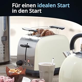 KHG Frühstücksset 2-teilig Wasserkocher & Toaster, Creme Beige Retro American Diner Stil, Kapazität 1,7 Liter & 2 Toastscheiben, 360° Sockel, Kalkfilter, 6 Röstgradstufen, Auftau- & Aufwärmfunktion