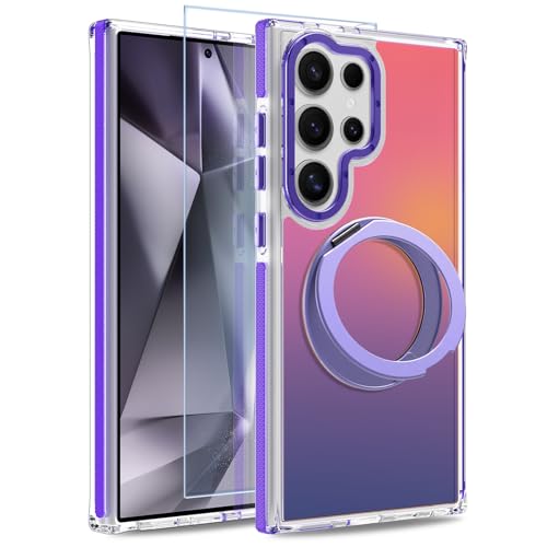 Image of Magnetic for Samsung Galaxy S24 Ultra Case with 360 Stand [Compatible with Magsafe] [Fluorescent Design] [1 Screen Protector] Slim Translucent Matte Case for Galaxy S24 Ultra 6.8 inch, Purple