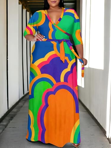 Image of SUZONANA Plus Size Maxi Dresses for Curcy Women Casual Loose 3 /4 Sleeve Long Dress with Belt