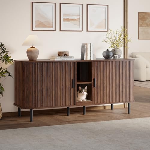 OPERTION 58 Double Cat Litter Box Enclosure Large Hidden Litter Box Furniture for 2 Cats with Cat Scratch Pad Mid Century Modern Indoor Cat House with Double Room TV Stand Side Table Walnut
