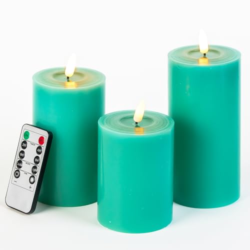 Image of Flameless Turquoise Candles with Timer - Fake Teal Candles Battery Operated Pillar Set of 3 (H4 5 inch 6 inch x D3) Remote Teal Decor for Room, Office, Living Room, Table, Turquoise Home