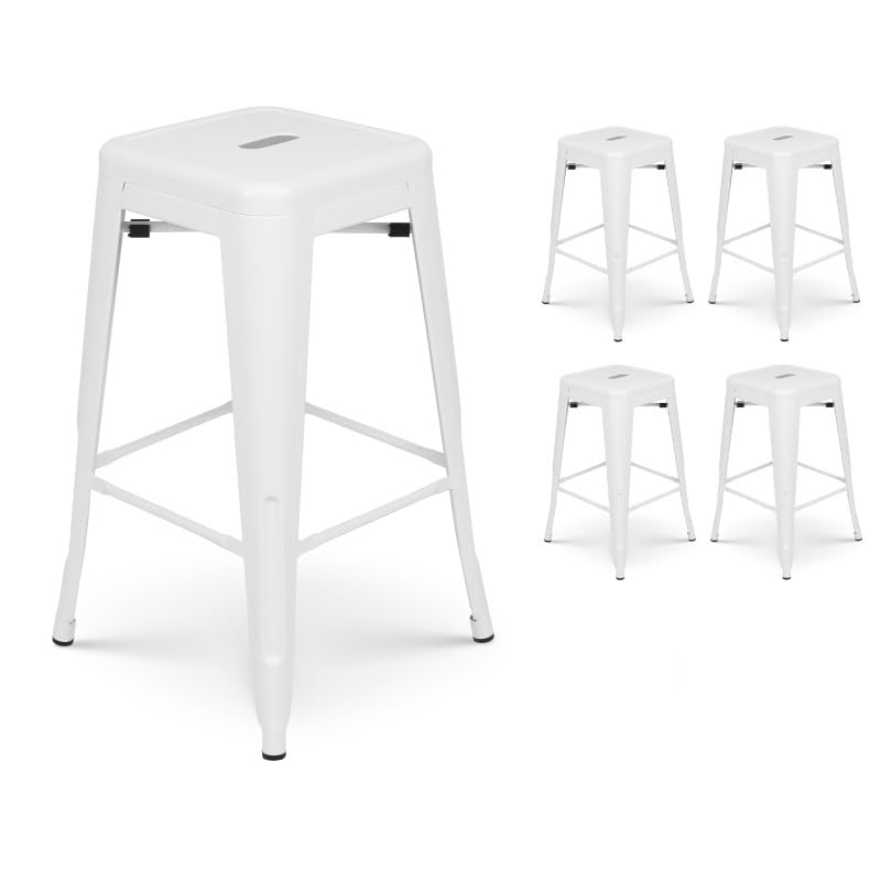 Lot de 4 tabourets de Bar en métal Blanc Mat Style Industriel - Hauteur 66 cm