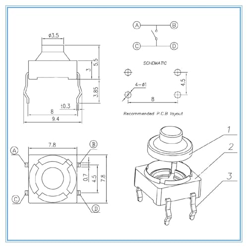 Interruptor de botón táctil de 8x8 mm con autoreinicio para proyectos de electrónica 2