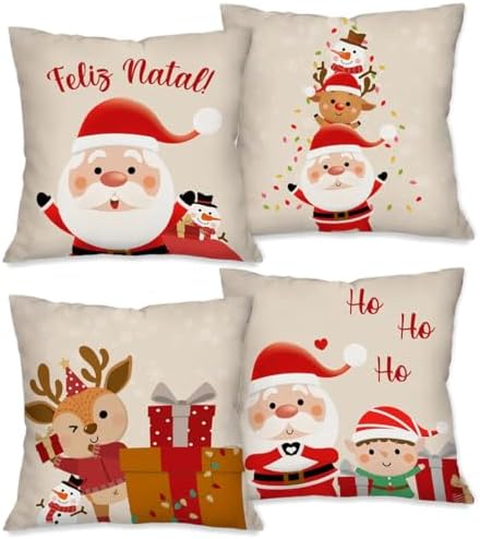 kit 4 Capa de Almofada Natal Tamanho 45cm x 45cm Poliester Bege (...