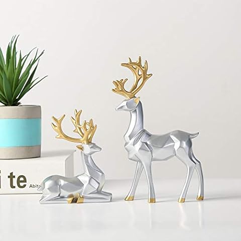 Bliweek Nordic Style Origami Elk，Resin Sitting Standing Deer Statues, Reindeer Figurines，Ornaments Living Room TV Cabinet Wine Cabinet Gifts for Home Decoration（One Pair） (Silver) Cover