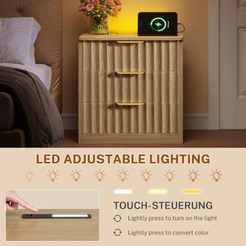 Image of TEENFON Fluted Night Stand with 3 Storage Drawers, Nightstand with Charging Station and LED Light, Bedside Table for Small Space, Bedroom, Natural