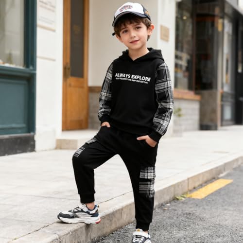 Image of OLMRJKD Toddler Baby Boy Clothes Plaid Long Sleeve Hoodie Sweatshirt + Pants 2pcs Boys Outfit Set