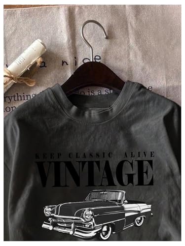 Image of RoseSeek Women's Graphic Letter Tee Crew Neck Drop Shoulder Trendy Summer T Shirt Short Sleeve Vintage Car Print Top