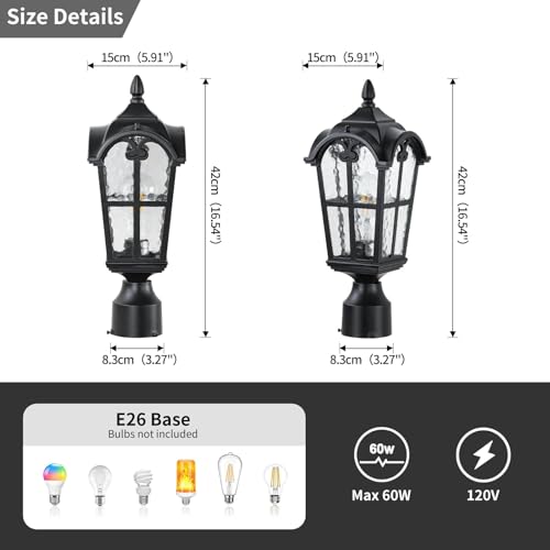 Dusk to Dawn Outdoor Post Light for Garden Entryway Backyard Patio, 2 Pack Waterproof Aluminum Post Lantern Fixture, Outside Pole Lamp Post Light with Water Ripple Glass