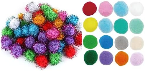 TECH-P®100 Pack 1.3 Inch Pom Poms with Glitter Tinsel and 30 PCS 1.18"30mm Non Glitter Pom Poms Sparkle Balls Cat Toy Balls– Assorted Color