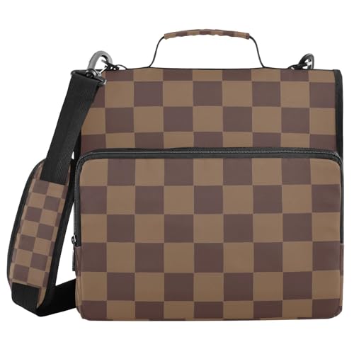 Image of 3 Ring Zipper Binder with Shoulder Strap Brown Checkerboard B 1.5 inch Binders Keeper Large Capacity Multi Pockets for School Office Supplies