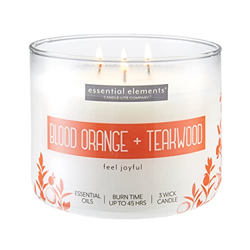Essential Elements by Candle-lite Scented Candles, Blood Orange & Teakwood Fragrance, One 14.75 oz. Three-Wick Aromatherapy Candle with 45 Hours of Burn Time, Off-White Color