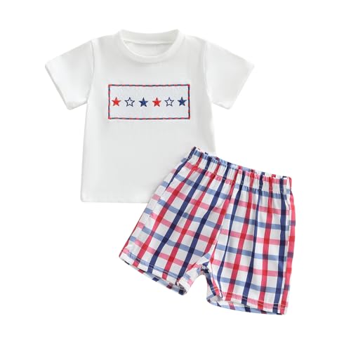 Image of PUHHAPIEY Toddler Baby Boy Clothes Summer Outfits Embroidery Trucks Smocked Shirt T-Shirt + Gingham Shorts 1T 2T 3T