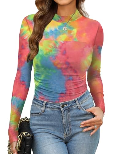 Womens Sexy Mesh Long Sleeve Shirts Fashion Clothing Turtle Necks Sheer Ruched Going Out Tops Fall Outfits Slim Fit Blouses - Image 3