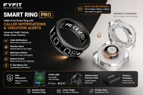 Image of Smart Ring Pro | Buy Sizing Kit First | Caller Notifications & Vibration Alerts | Built-in LED Display | Sleep Tracker, Heart Rate, HRV & SPO₂ | Sports Modes | Gesture Control | Gold | Size 9