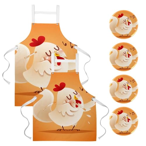 Lot de 2 tabliers de cuisine avec 4 broches imprimé poulet multicolore