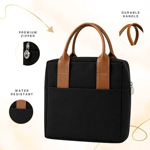 Image of United Colors of Benetton Lunch Bag for Women & Men, Insulated Bag, Tiffin Lunch Bag for Office /College /School, Bottle Holder, Lightweight, Durable Handles, Multiple Pockets (Black)