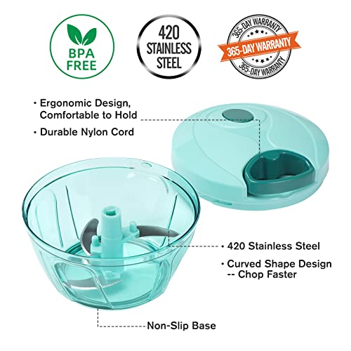 Manual Food Processor Vegetable Chopper 2.3 Cup Small Mini Hand Pull String Onion Chopper Garlic Mincer Cutter With 3 Stainless Steel Blades - Blue #TOP4
