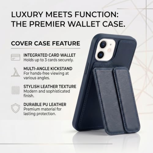 Image of amazon basics Luxury Vegan Leather Back Cover for iPhone 11 | Built-in Card Holder Slot | Integrated Mobile Stand | Slim Shockproof Protective Case with Stitched Finish - Blue