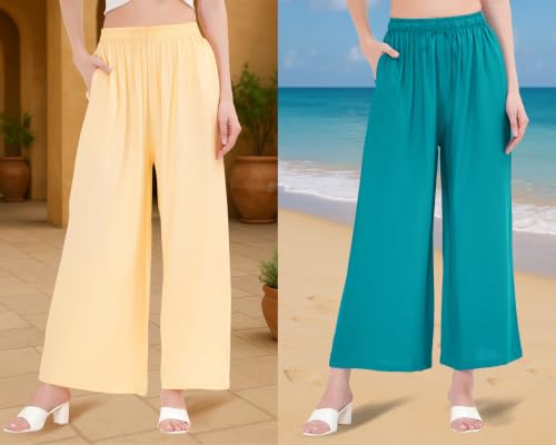 Image of Buy That Trendz Palazzo Pants for Women Cotton Rayon Elasticated Regular Fit Flared Wide Leg M to 6XL Pack of 2