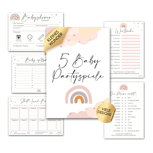 cozy racoon Babyshower Spiele Set 6 Babyparty-Spiele für je 12 Spieler zum Ausfüllen für Jungen und Mädchen I Persönliches Geschenk für Schwangere - Design Wolken