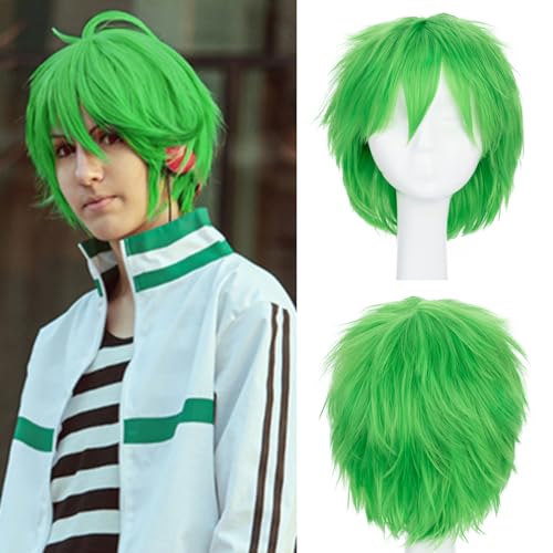Image of S-noilite Unisex Short Cosplay Wig Women Men Fluffy Straight Anime Comic Hairstyle Halloween Party Costume Dress Synthetic Hair Pixie Wigs Green