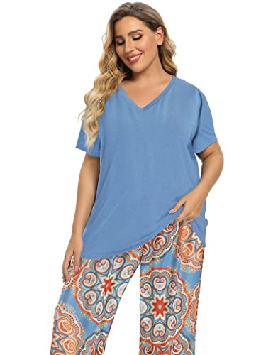 Image of Vozanet Women's V Neck Sexy Pajamas Capri Sets Mexican Style Floral Sleepwear 2PCS Totem Casual Nighty Plus Size M to 5XL