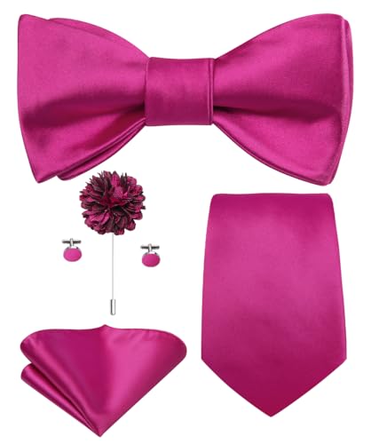 Image of Hi-Tie 5Pcs Mens Solid Color Silk Tie Satin Pretied Bowtie Lapel Pin for Men Handkerchief Cufflink Wedding Gift Box