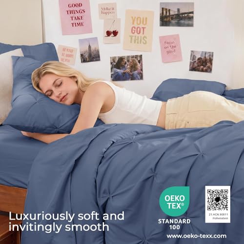 Image of Sasttie Twin Comforter Set, 5-Piece Bed in a Bag, Pintuck Bedding Sets for All Season, Includes Comforter, Flat Sheet, Fitted Sheet, Pillowcase and Pillowsham, Indigo Blue