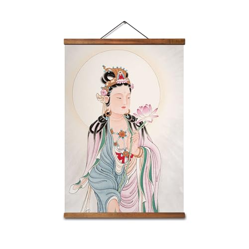 jszip Wall Hanging Scroll Painting artwork, Chinese Immortal Guanyin Bodhisattva Portrait, 24.02 x 15.75 inches, Black Walnut Wood Frame