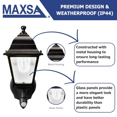 Image of Maxsa 44219 Premium Wireless Battery-Powered Motion-Activated Decorative Outdoor Wall Sconce Lighting Fixture, Cool White LED, Metal Housing, Black (Pack of 4)