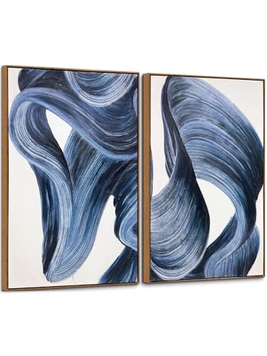 Image of Zessonic Blue Abstract Wall Art Set of 2- Framed Twist Stroke Minimalist Graffiti on White Background Modern Canvas Artwork for Living Room, Bedroom, Office Decor, 24 x 36 Inches x 2