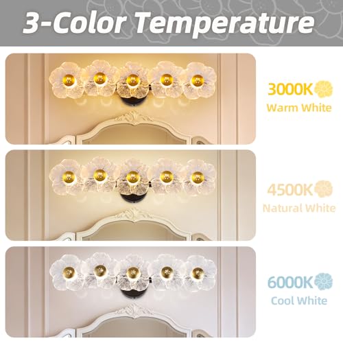 Image of 26.7 inch Black Bathroom Light Fixtures 5 Light Floral Bathroom Vanity Light, 3-Color Temperature Vanity Light Elegant Led Wall Lights Cordless Wall Sconces for Decor,Restroom,Livingroom,Bedroom
