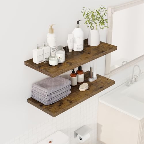 Image of Dreamland 32 inch Floating Shelves for Wall, 12 inch Deep Slim Rustic Brown Floating Shelves, Wall-Mounted Shelves for Bedroom, Living Room, Kitchen, Bathroom - Set of 2