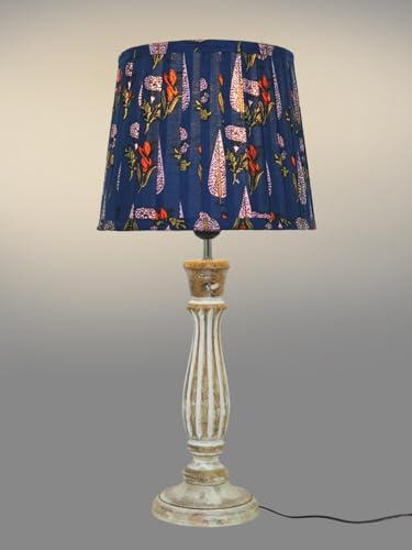 Image of Green Girgit Athens Wooden Lamp in Distress White Color with Pleeted Multiolor Blue Leaf Shade, Vintage Style Table Lamp with Tropical Print Shade, Decorative Bedroom Lighting (LED Bulb Included)