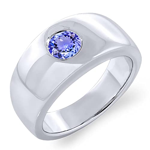 Gem Stone King 0.90 Ct Round Blue Tanzanite 925 Sterling Silver Men's Ring