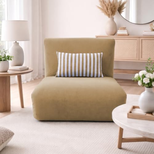 Image of Adorn India Easy Multi Mode 1 Seater Sofa Cum Bed | Velvet Fabric | Beige | Stripes Design | Comfortable Seating | Washable Cover | Perfect for Home & Office