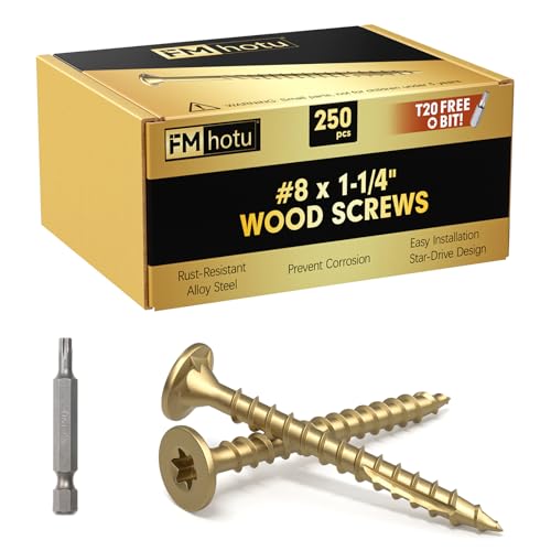 Image of #8 x 1-1 /4 inch Deck Screws, 250Pcs Star Drive Wood Screws, Rust Resistant Timber Screws for Timber /Log /Landscaping Wood, T20 Star Bit Included, Gold