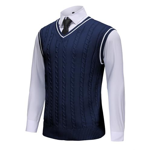 Sweater Vest Men - Men's V Neck Cotton Vest，Pullover Cable Knit Vest for Men Fit Business Casual for Fall Winter Layering3