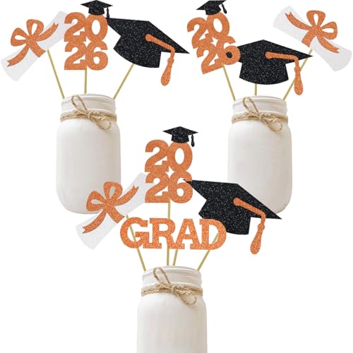 Orange Glitter Graduation Centerpiece Class of Table Signs Grad Sticks Diploma Cap Party Decoration Favors 16 Pieces