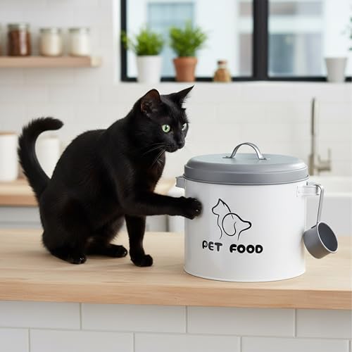 Caja para pienso de 5 litros contenedor metálico blanco con cuchara dosificadora 6