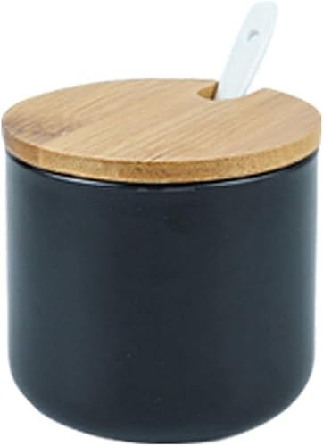 Tarro de especias de cerámica de color puro simple Caja de condimentos Pote de azúcar con tapa de bambú y cuchara
