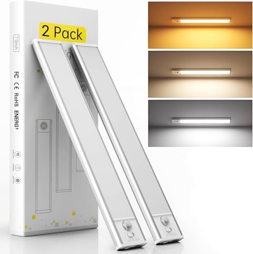 Under Cabinet Lighting, 8 inch Battery Operated LED Motion Sensor Light with 3 Color Temps, 1000mAh Rechargeable Wireless Magnetic Dimmable Closet Lights for Kitchen, Cabinets, Stairs, Wardrobe