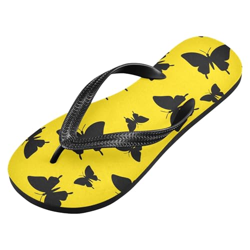 Burbuja Black Butterfly on Yellow Flip Flops for Women Men, Soft Thong Sandals Rubber Slippers for Pool Beach Essentials2