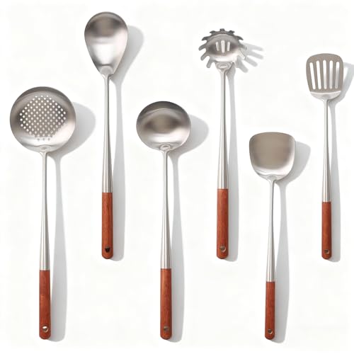 Ustensiles de Cuisine Inox Lot de 6 - Spatule Cuisine, Louche Inox, Écumoire, Cuillère à Fente, Set Ustensile Cuisine, Lavable Lave-vaisselle, Manche...