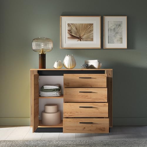 Lomadox Schlafzimmer Komplettset inkl. Bett 160x200 cm Bettkasten Kleiderschrank Kommode Wandregal Nachttische in Eiche mit schwarz – Bild 6