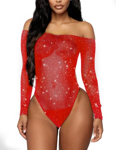 RSLOVE Damen Body Fischnetz Sparkle Babzdoll Strass Spitzen Dessous Rot Cover