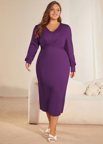 WUSENST Women's Long Sleeve Dress Casual V Neck Dresses Twist Waist Bodycon Cocktail Party Dress3